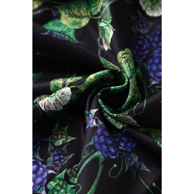 Scarlette Mid-Calf Long-Sleeved Stretchy Dress in Black & Blue Raspberry Print