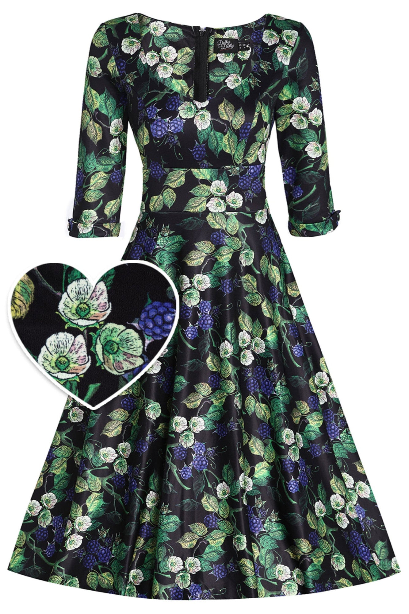 Scarlette Mid-Calf Long-Sleeved Stretchy Dress in Black & Blue Raspberry Print