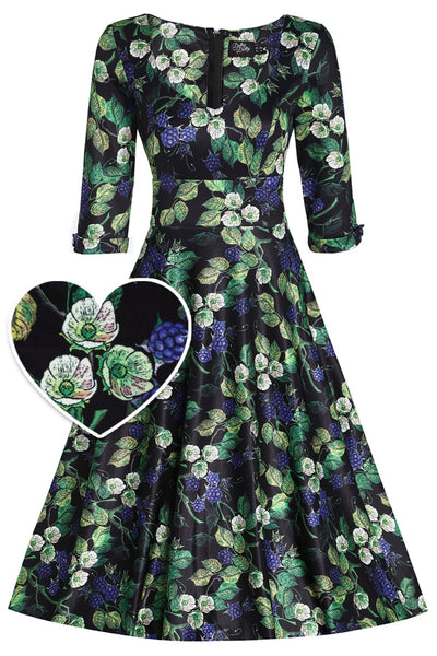 Scarlette Mid-Calf Long-Sleeved Stretchy Dress in Black & Blue Raspberry Print