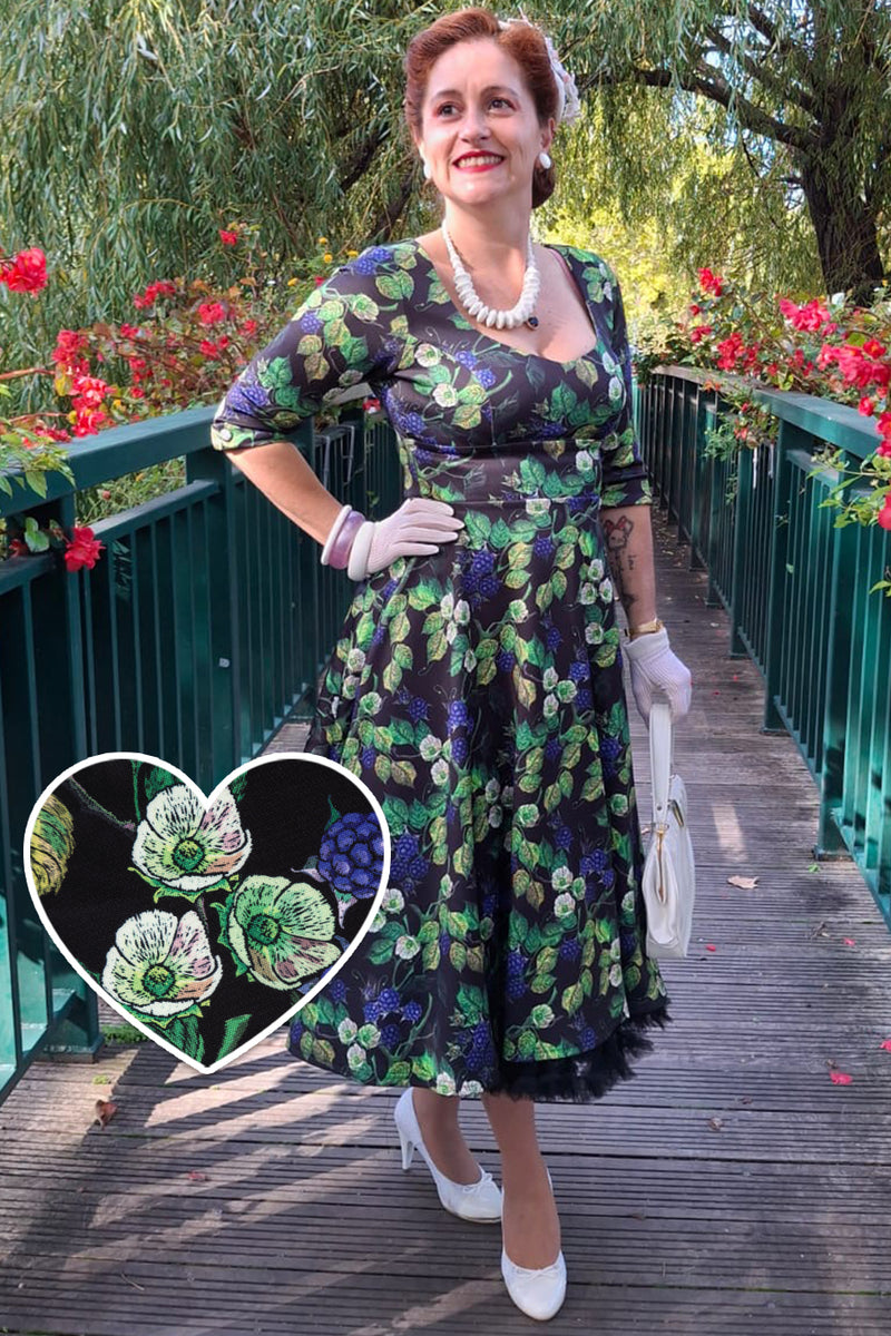 Scarlette Mid-Calf Long-Sleeved Stretchy Dress in Black & Blue Raspberry Print