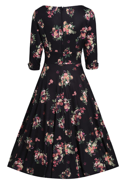 Scarlette Long-Sleeved Stretchy Dress in Black with Floral Print