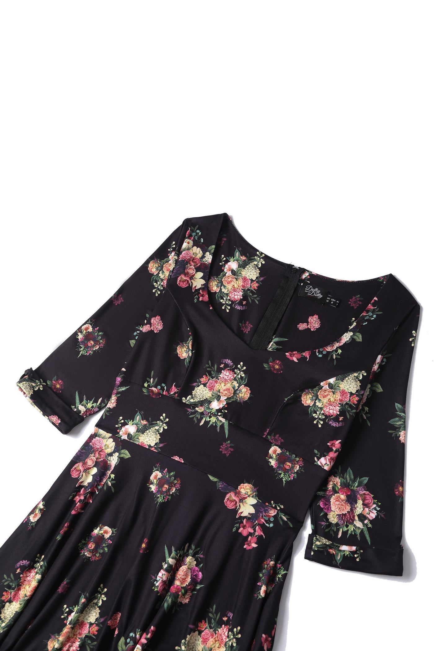 Scarlette Long-Sleeved Stretchy Dress in Black with Floral Print
