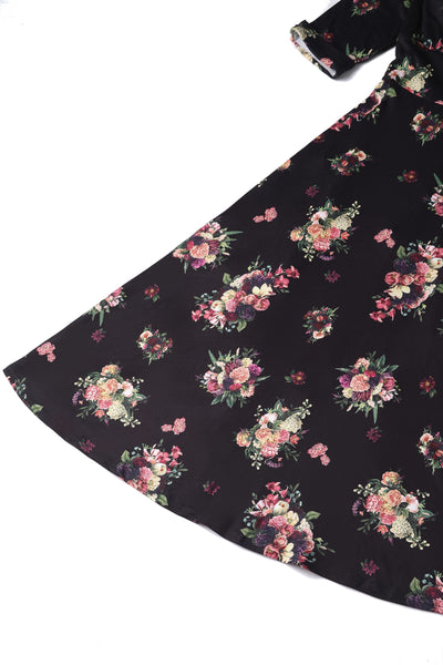 Scarlette Long-Sleeved Stretchy Dress in Black with Floral Print