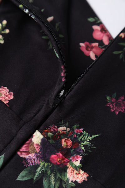 Scarlette Long-Sleeved Stretchy Dress in Black with Floral Print