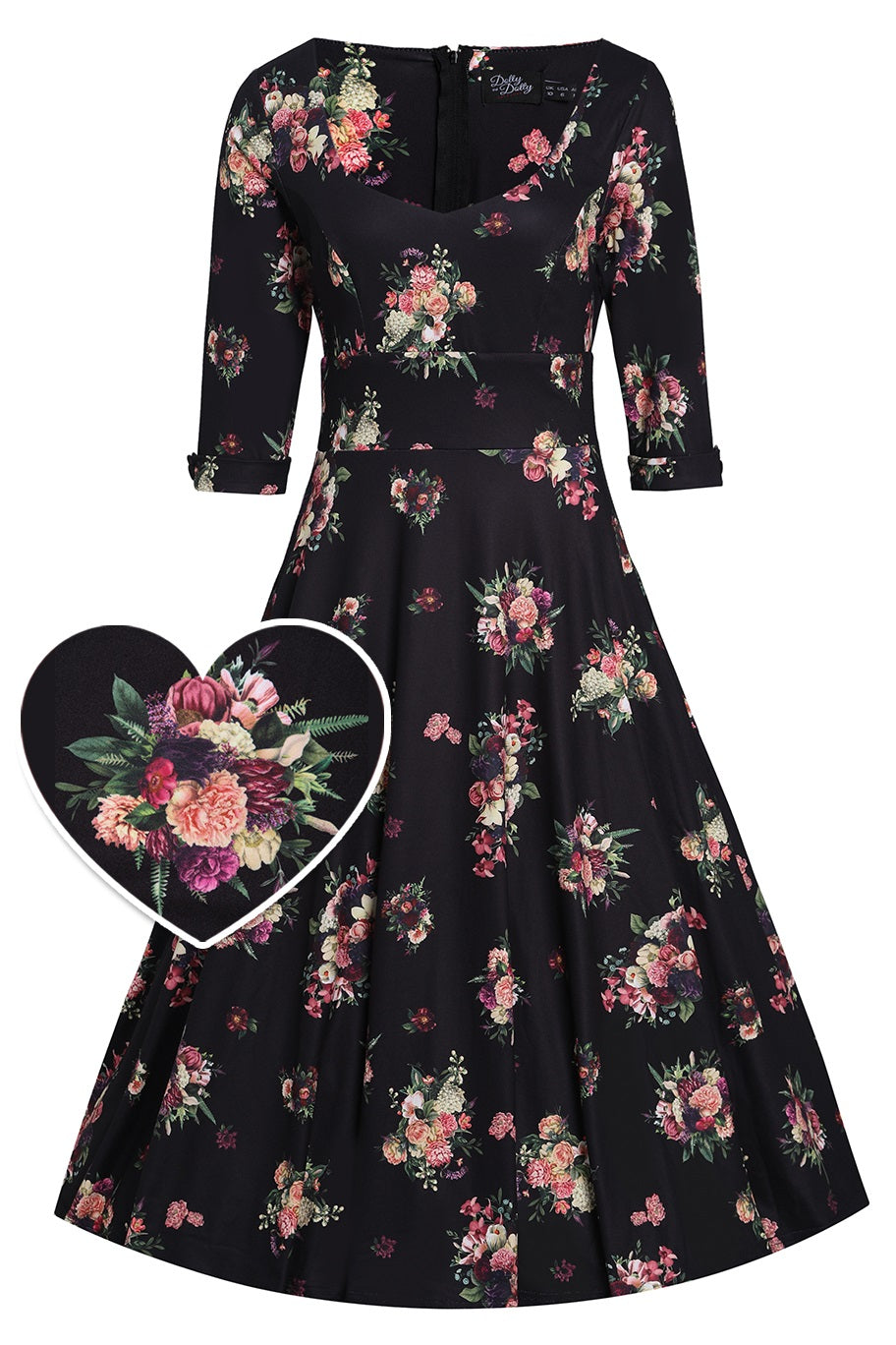 Scarlette Long-Sleeved Stretchy Dress in Black with Floral Print