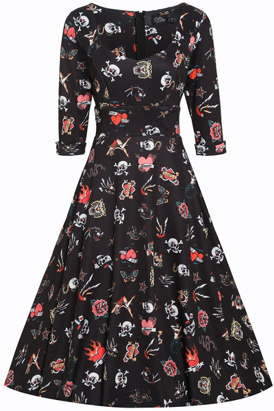 Scarlette Long Sleeves Stretchy Dress Black with Tattoo Print