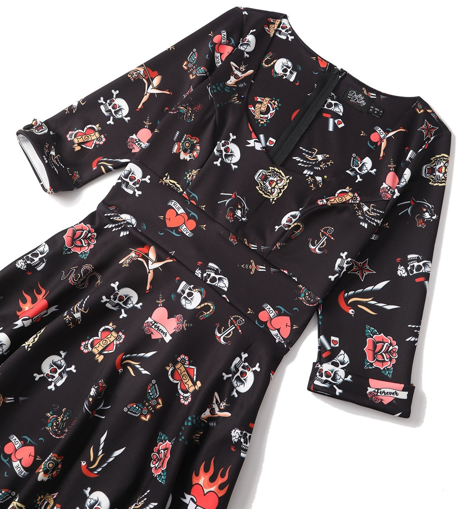 Scarlette Long Sleeves Stretchy Dress Black with Tattoo Print