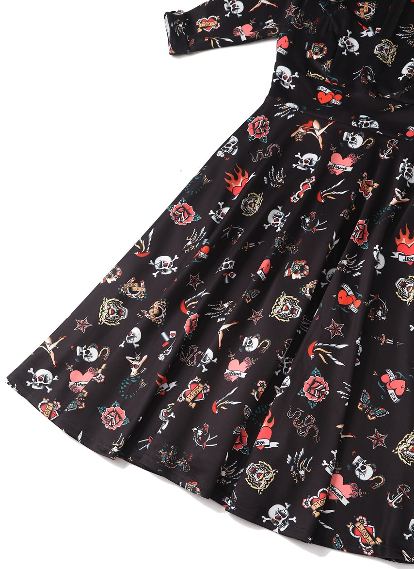 Scarlette Long Sleeves Stretchy Dress Black with Tattoo Print