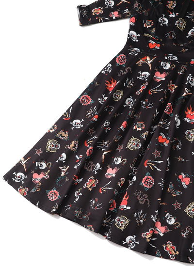 Scarlette Long Sleeves Stretchy Dress Black with Tattoo Print