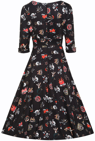 Scarlette Long Sleeves Stretchy Dress Black with Tattoo Print