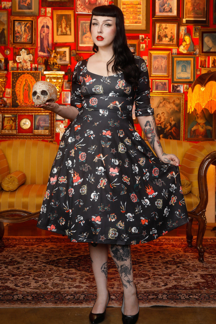 EU Stock-Scarlette Long Sleeves Stretchy Dress Black with Tattoo Print