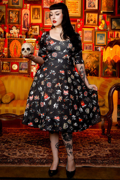 EU Stock-Scarlette Long Sleeves Stretchy Dress Black with Tattoo Print