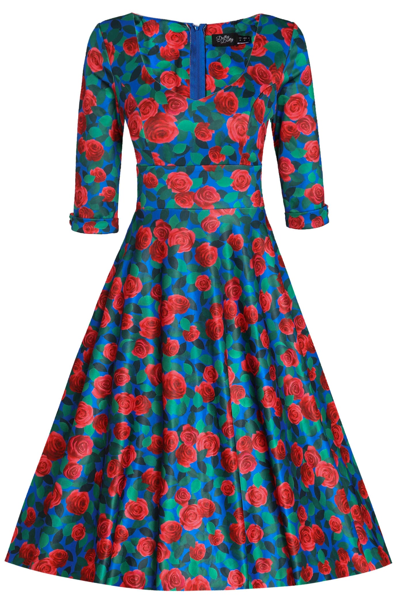 Scarlette Long Sleeves Stretchy Dress in Royal Blue & Red Roses Print