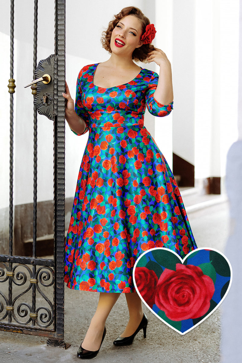 Scarlette Long Sleeves Stretchy Dress in Royal Blue & Red Roses Print