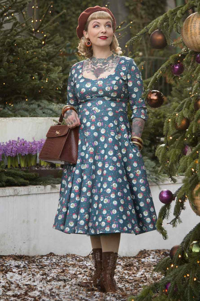 Scarlette Long-Sleeved Stretchy Blue Dress with Snow globe Print