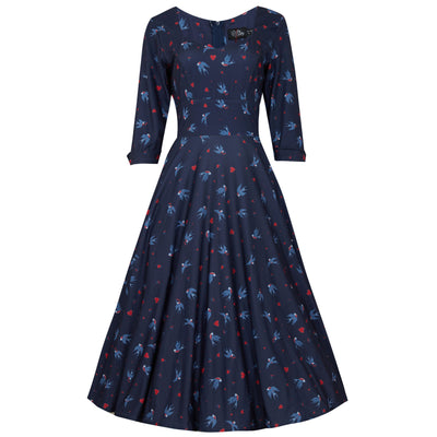 EU Stock-Scarlette Navy Swallow & Hearts Print Long-Sleeved Stretchy Dress
