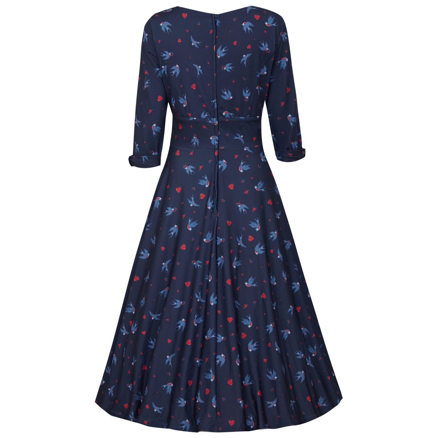 Scarlette Navy Swallow & Hearts Print Long-Sleeved Stretchy Dress
