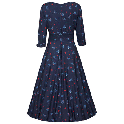 Scarlette Navy Swallow & Hearts Print Long-Sleeved Stretchy Dress