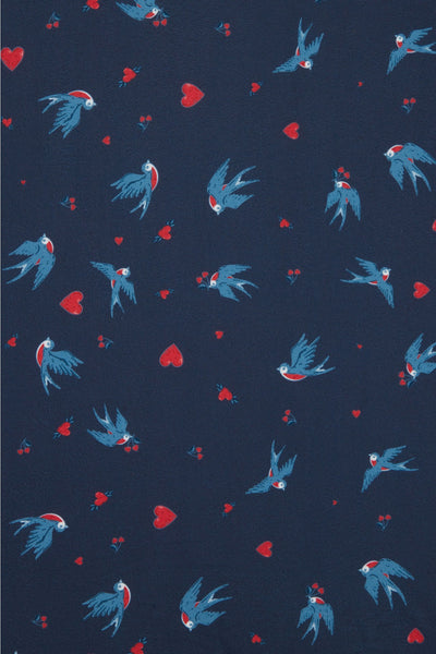 Scarlette Navy Swallow & Hearts Print Long-Sleeved Stretchy Dress