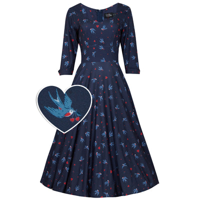 EU Stock-Scarlette Navy Swallow & Hearts Print Long-Sleeved Stretchy Dress