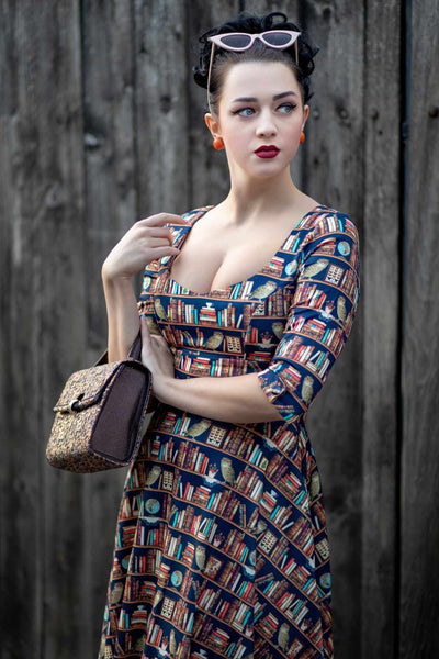 Scarlette Library Book Print Mid Calf Long-Sleeved Dress