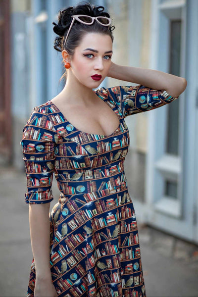 Scarlette Library Book Print Mid Calf Long-Sleeved Dress