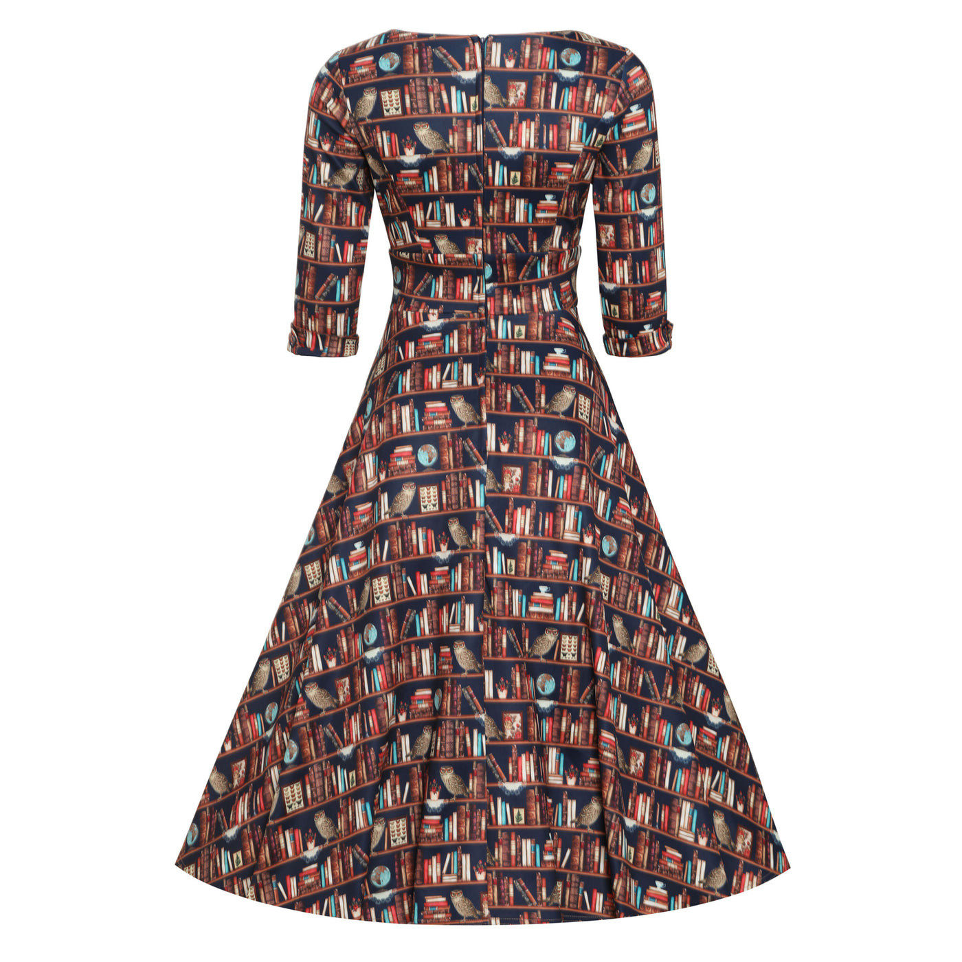 Scarlette Library Book Print Mid Calf Long-Sleeved Dress