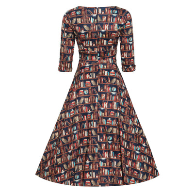Scarlette Library Book Print Mid Calf Long-Sleeved Dress