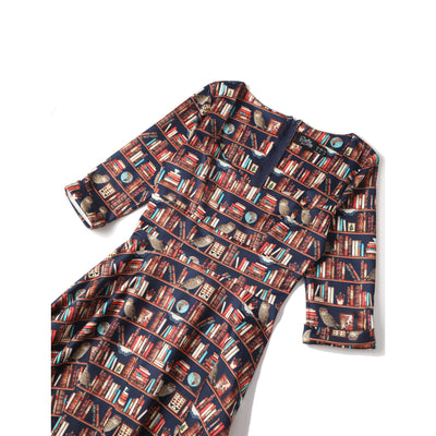 Scarlette Library Book Print Mid Calf Long-Sleeved Dress