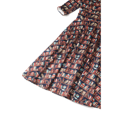 Scarlette Library Book Print Mid Calf Long-Sleeved Dress