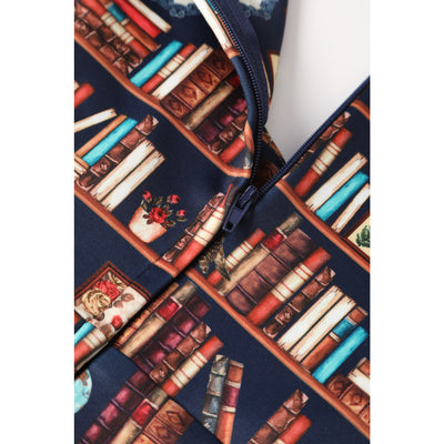 Scarlette Library Book Print Mid Calf Long-Sleeved Dress