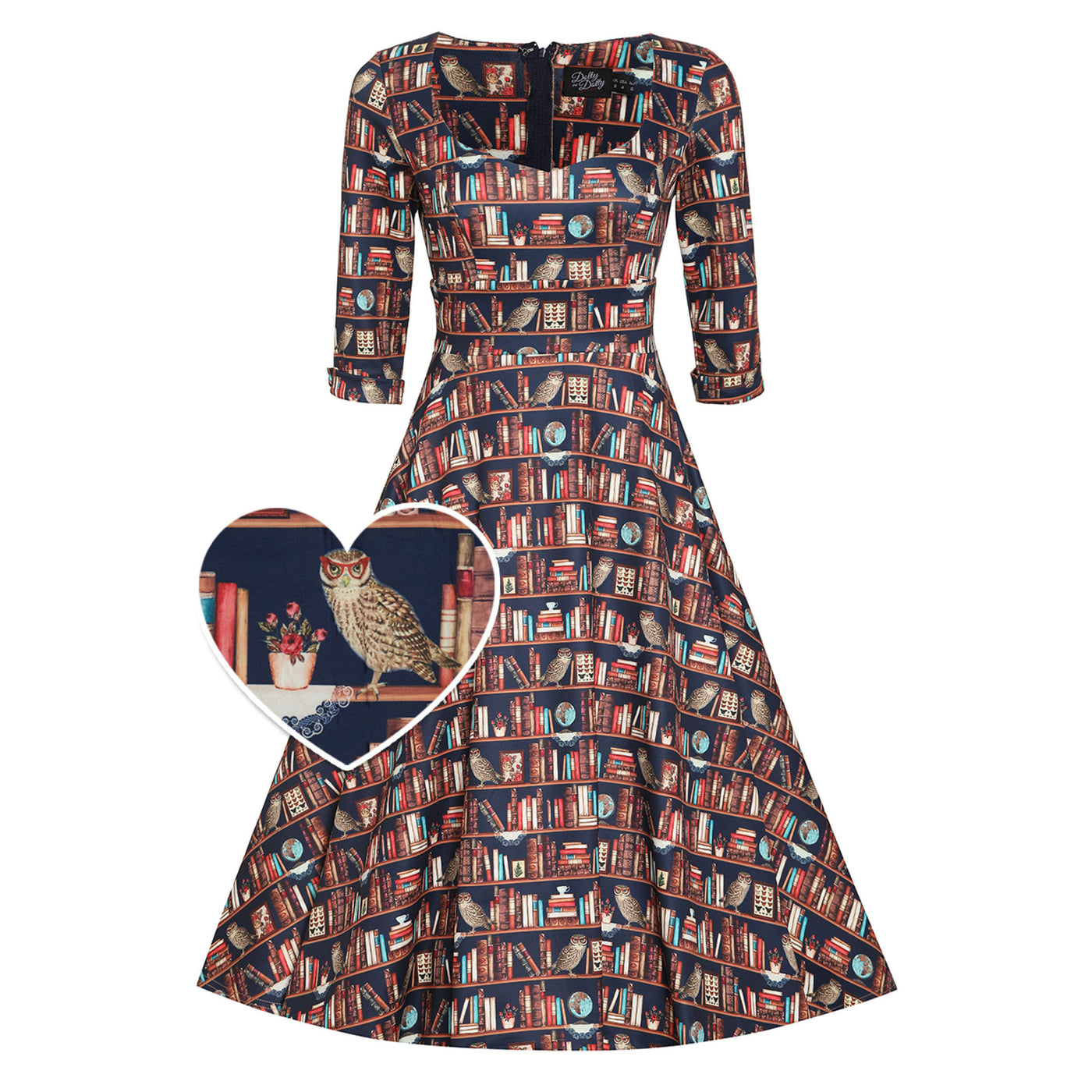 Scarlette Library Book Print Mid Calf Long-Sleeved Dress
