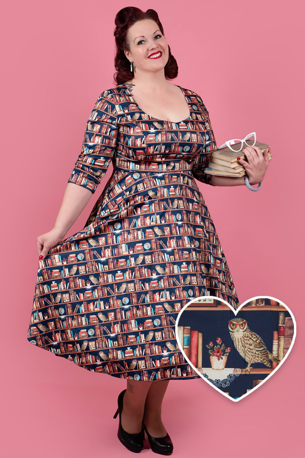 Scarlette Library Book Print Mid Calf Long-Sleeved Dress