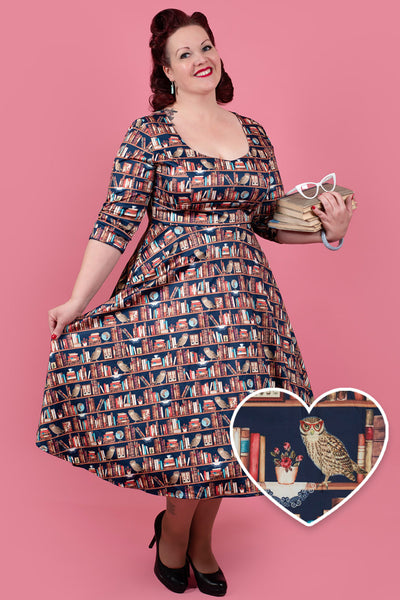 Scarlette Library Book Print Mid Calf Long-Sleeved Dress
