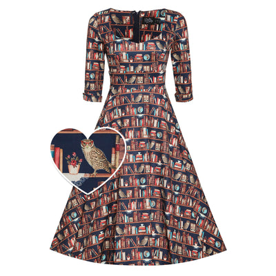 Scarlette Library Book Print Mid Calf Long-Sleeved Dress