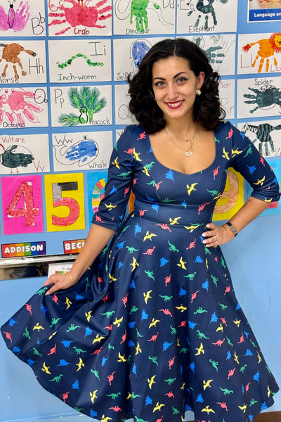 Scarlette Long-Sleeved Stretchy Dress in Navy and Colourful Dino Print