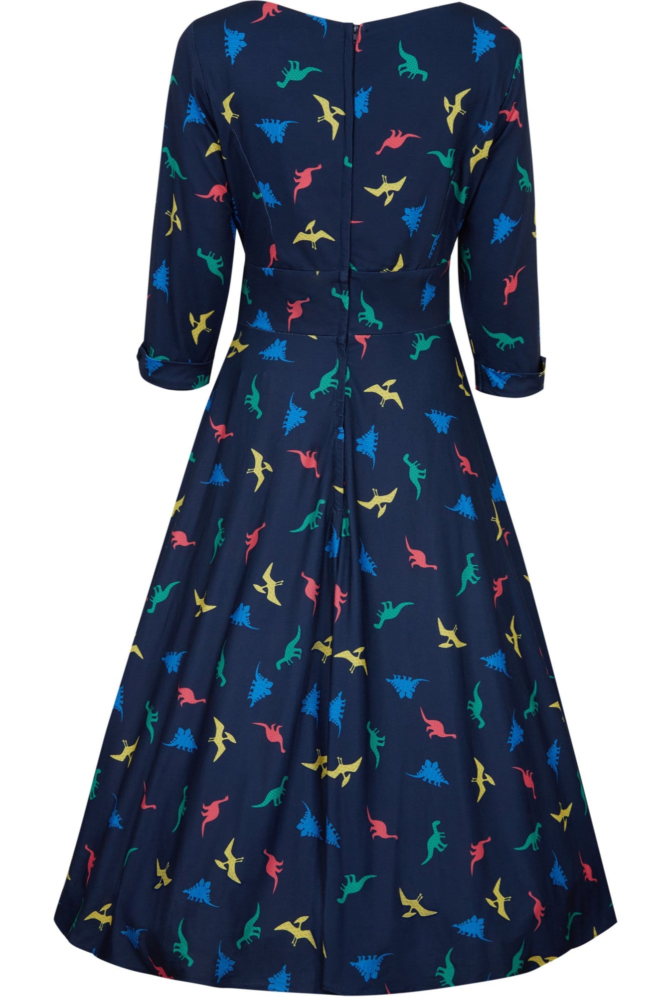 Scarlette Long-Sleeved Stretchy Dress in Navy and Colourful Dino Print