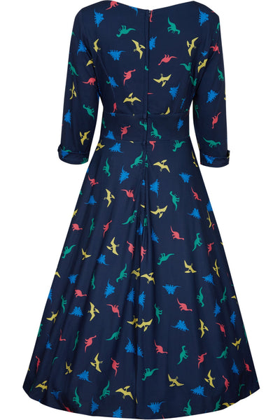 Scarlette Long-Sleeved Stretchy Dress in Navy and Colourful Dino Print