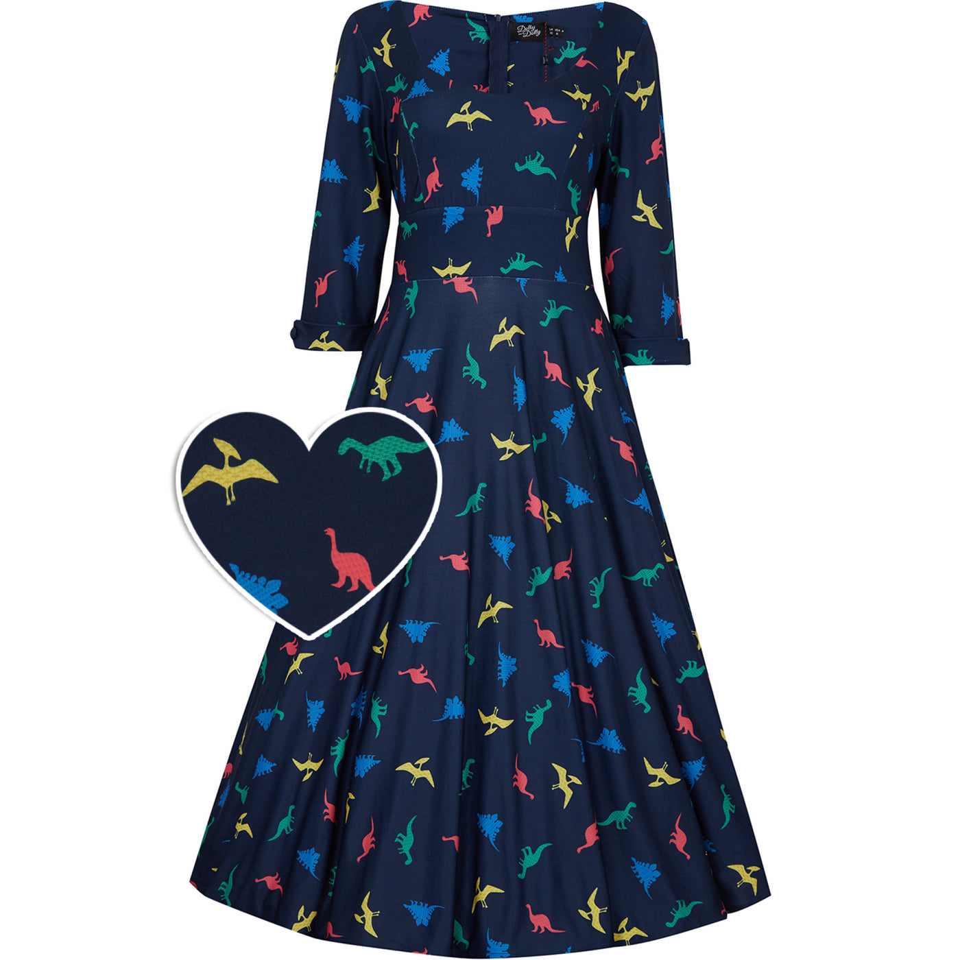 Scarlette Long-Sleeved Stretchy Dress in Navy and Colourful Dino Print