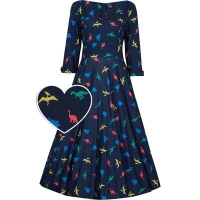 Scarlette Long-Sleeved Stretchy Dress in Navy and Colourful Dino Print