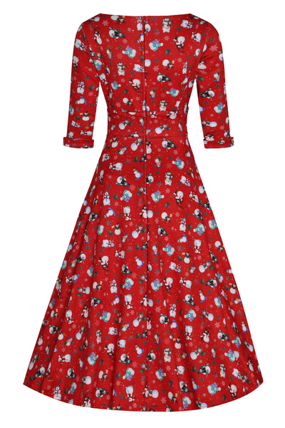 Scarlette Long-Sleeved Dress in Red Snowman Print