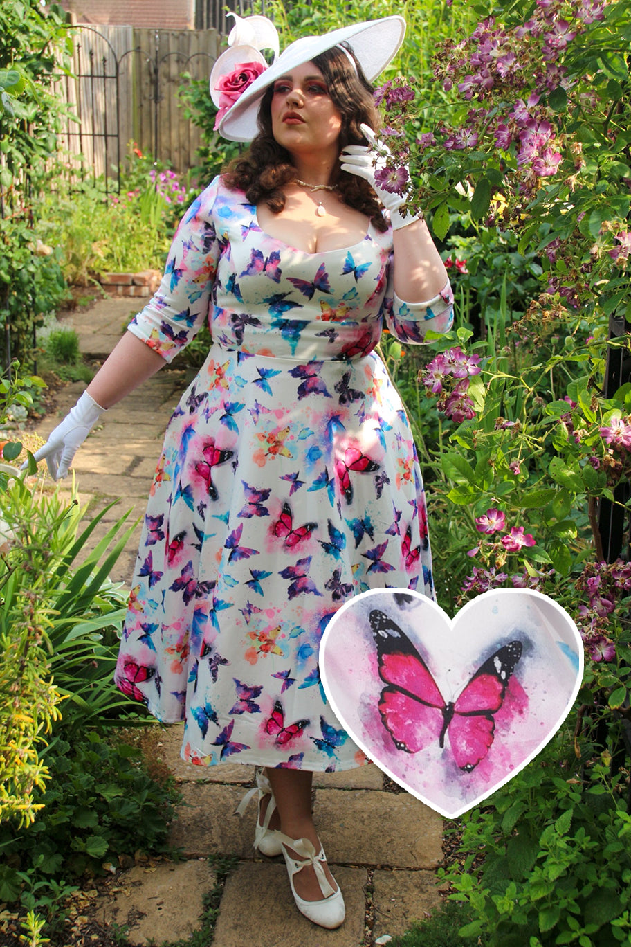 Scarlette Sweetheart Neckline Long-sleeved Stretchy Dress In White & Colourful Butterflies