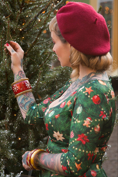 Scarlette Green Long-Sleeved Xmas Tree Print Stretchy Dress