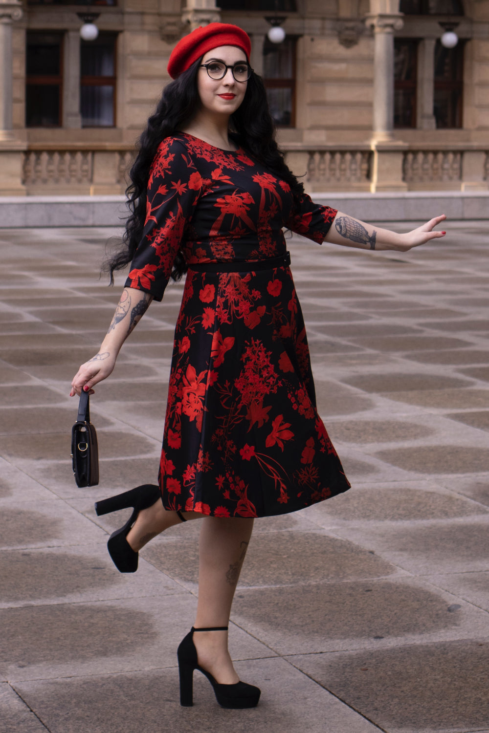 PRE ORDER Beatrix Long Sleeved Black Midi Dress in Red Floral