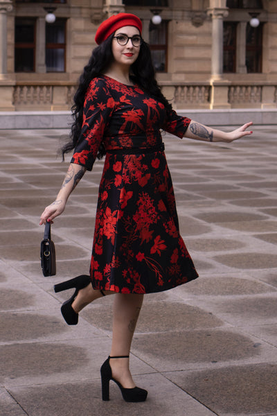 PRE ORDER Beatrix Long Sleeved Black Midi Dress in Red Floral