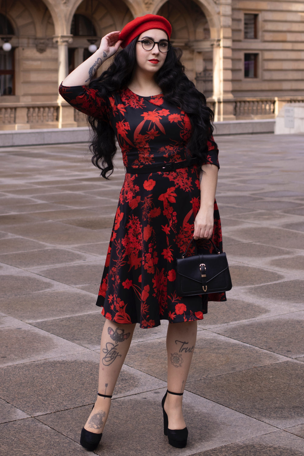 PRE ORDER Beatrix Long Sleeved Black Midi Dress in Red Floral