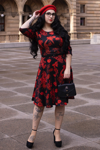 PRE ORDER Beatrix Long Sleeved Black Midi Dress in Red Floral