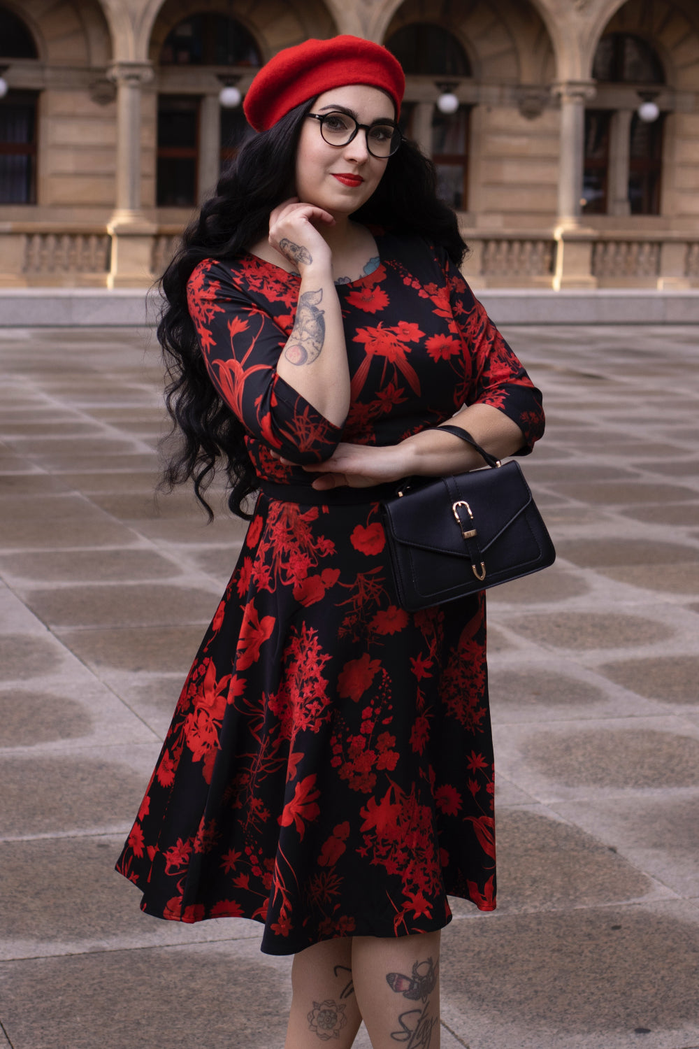 PRE ORDER Beatrix Long Sleeved Black Midi Dress in Red Floral