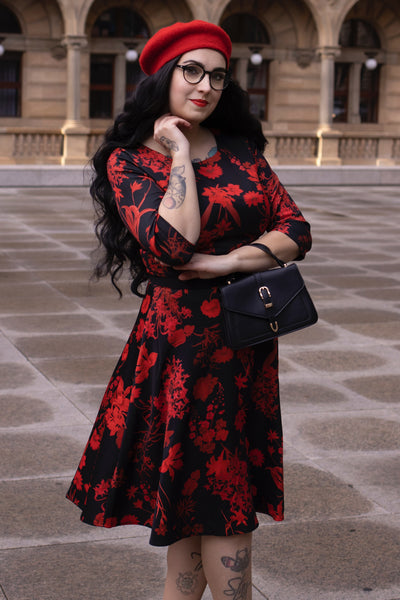 PRE ORDER Beatrix Long Sleeved Black Midi Dress in Red Floral