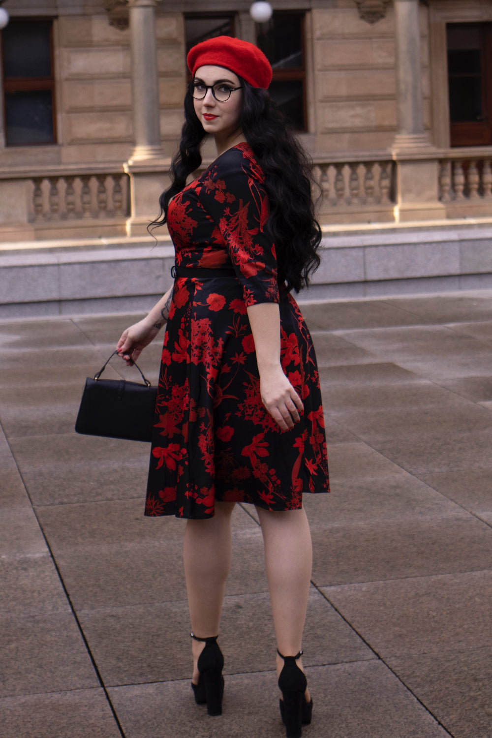 PRE ORDER Beatrix Long Sleeved Black Midi Dress in Red Floral